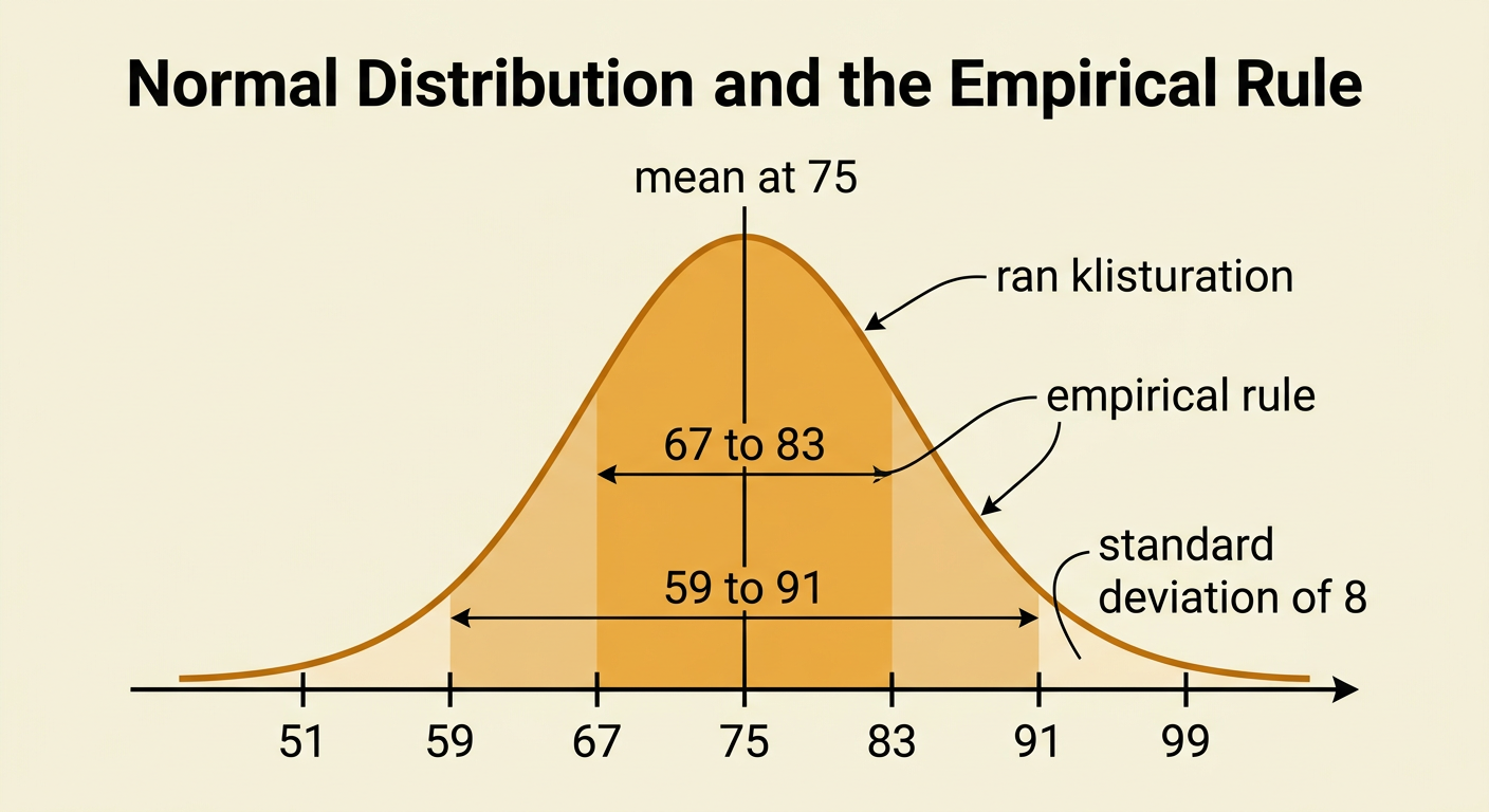 A normal curve for exam scores shows the mean and the intervals within one and two standard deviations.