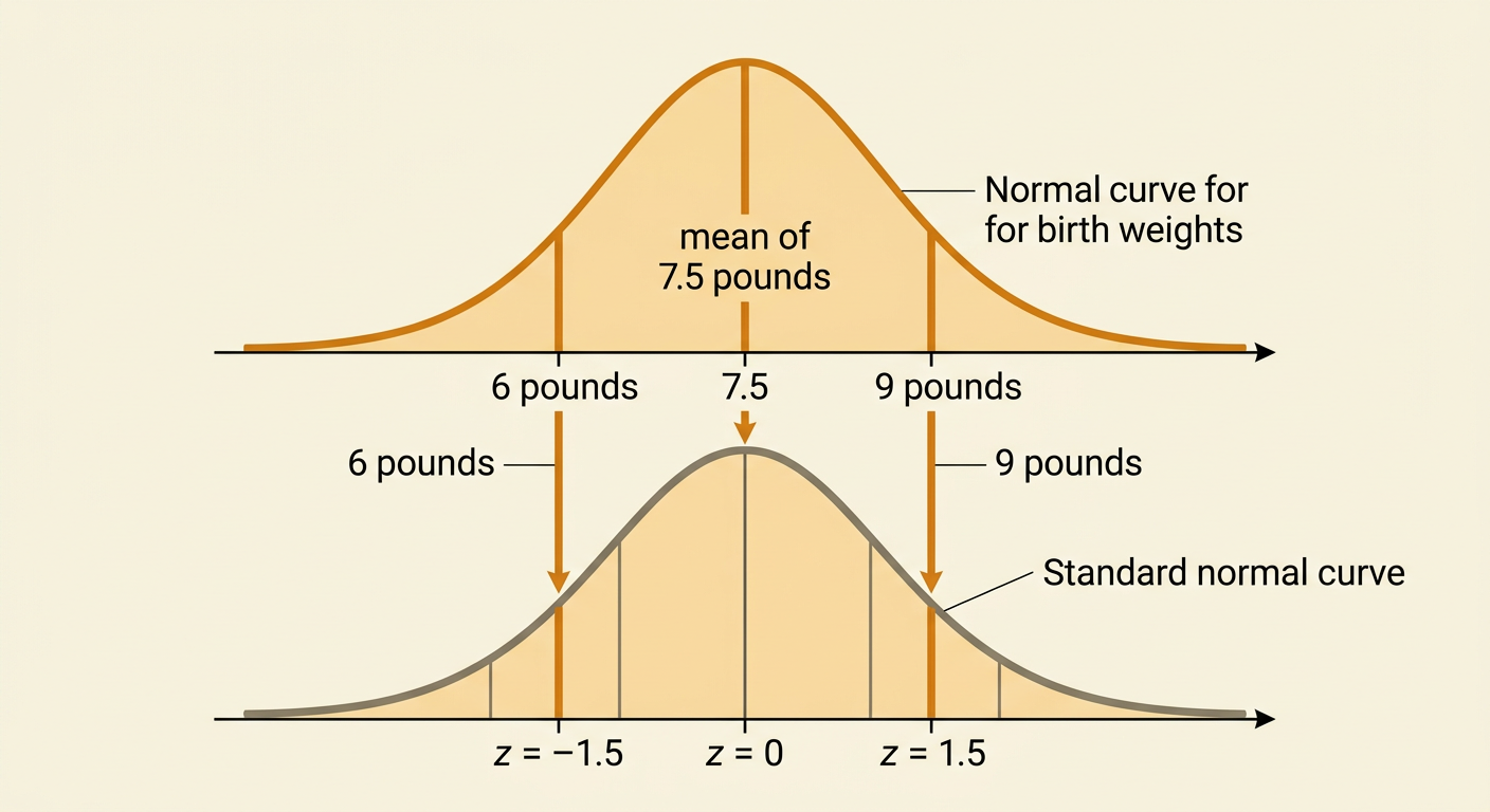 A birth-weight normal curve shows equal distances above and below the mean with their corresponding z-scores.