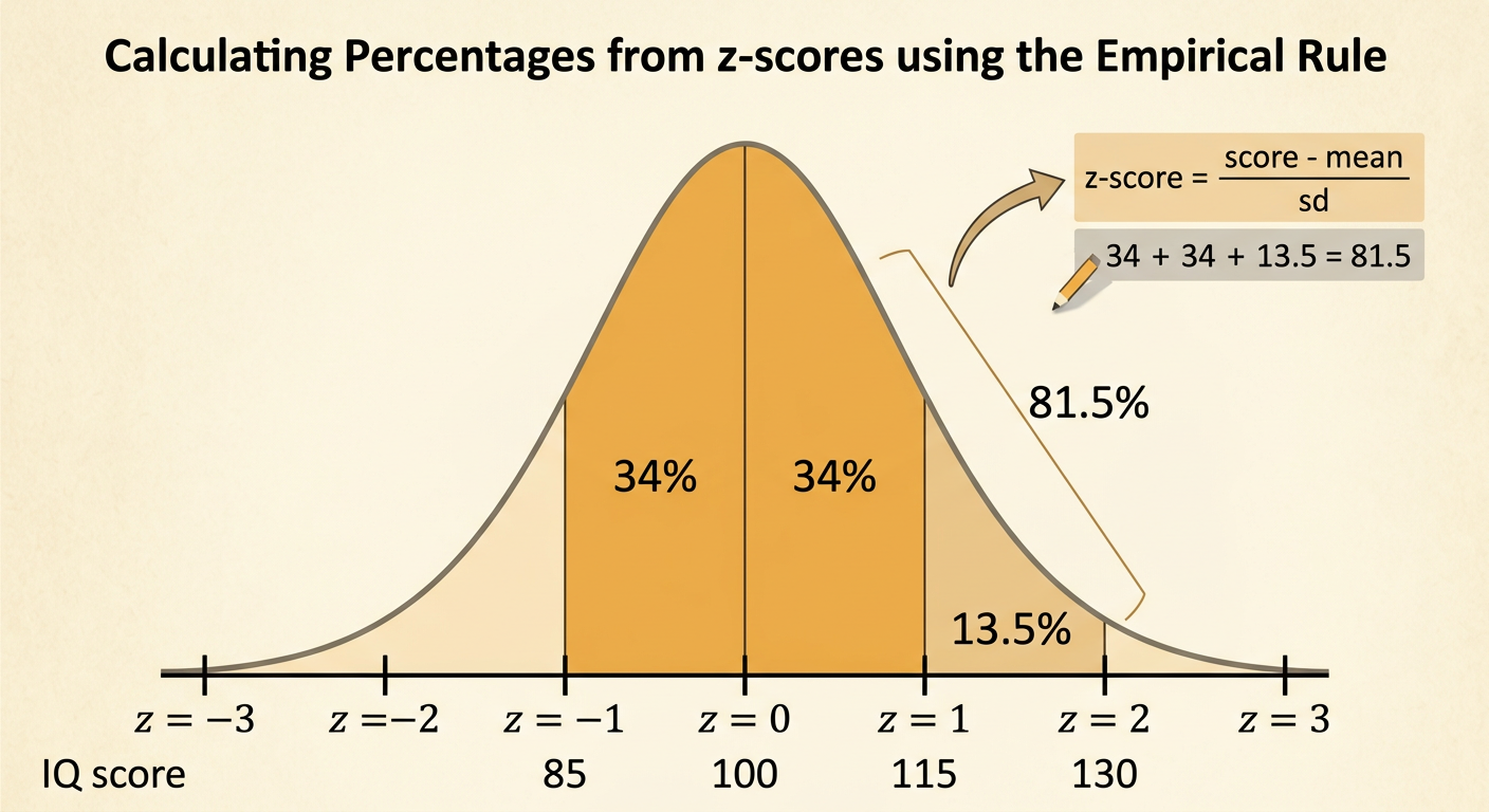 A standard normal curve shades the region from z equals negative one to z equals two in three percentage sections.