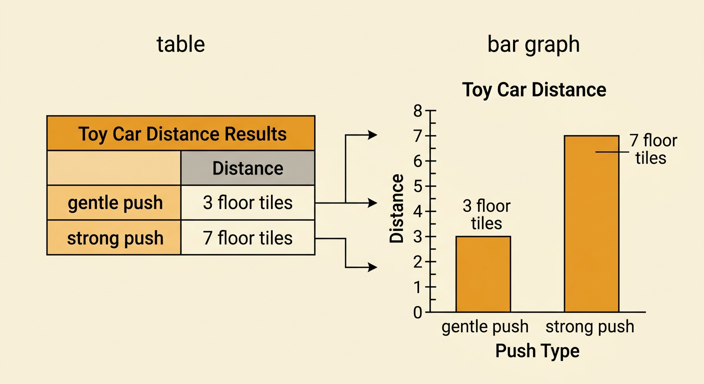 A table and bar graph compare a gentle push of 3 floor tiles with a strong push of 7 floor tiles.