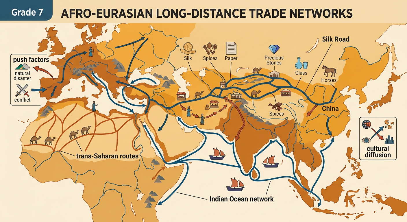 A world map and infographic connect major trade networks with migration push and pull factors and the spread of culture.