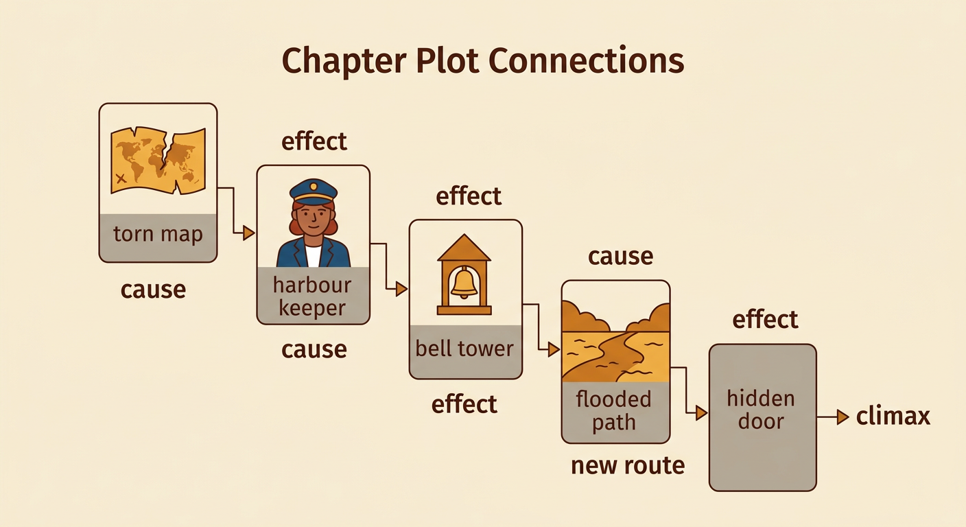 A connected chain of chapter events leads from Maya's map to the hidden door and the journal discovery.