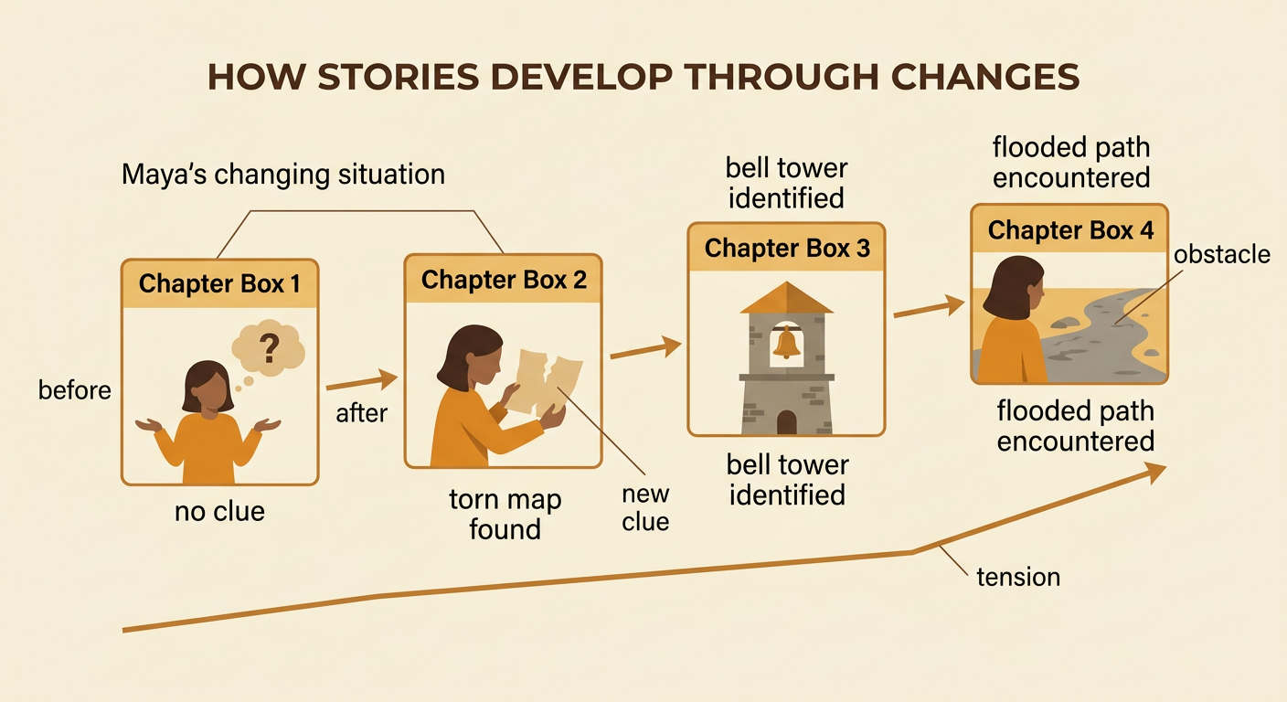 A before-and-after sequence shows Maya gaining a map, learning about the bell tower, and facing a flooded path.