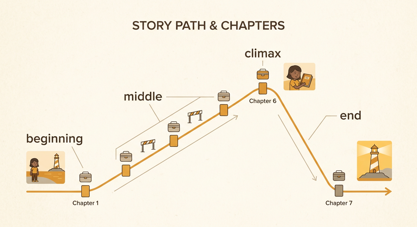A curved story path shows Maya's lighthouse adventure moving from its opening through its turning point to its conclusion.