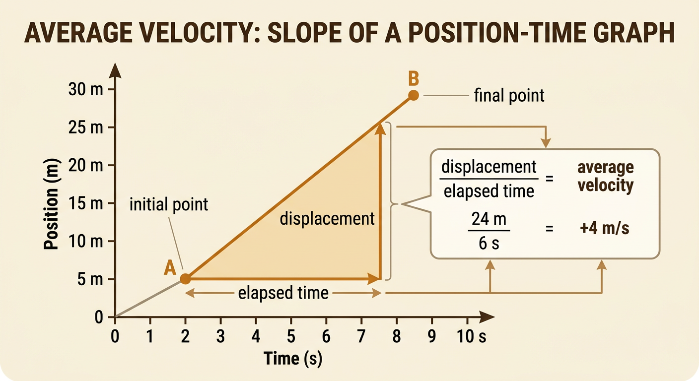 A position-time graph connects the robot's two points and shows the displacement, elapsed time, and slope calculation.