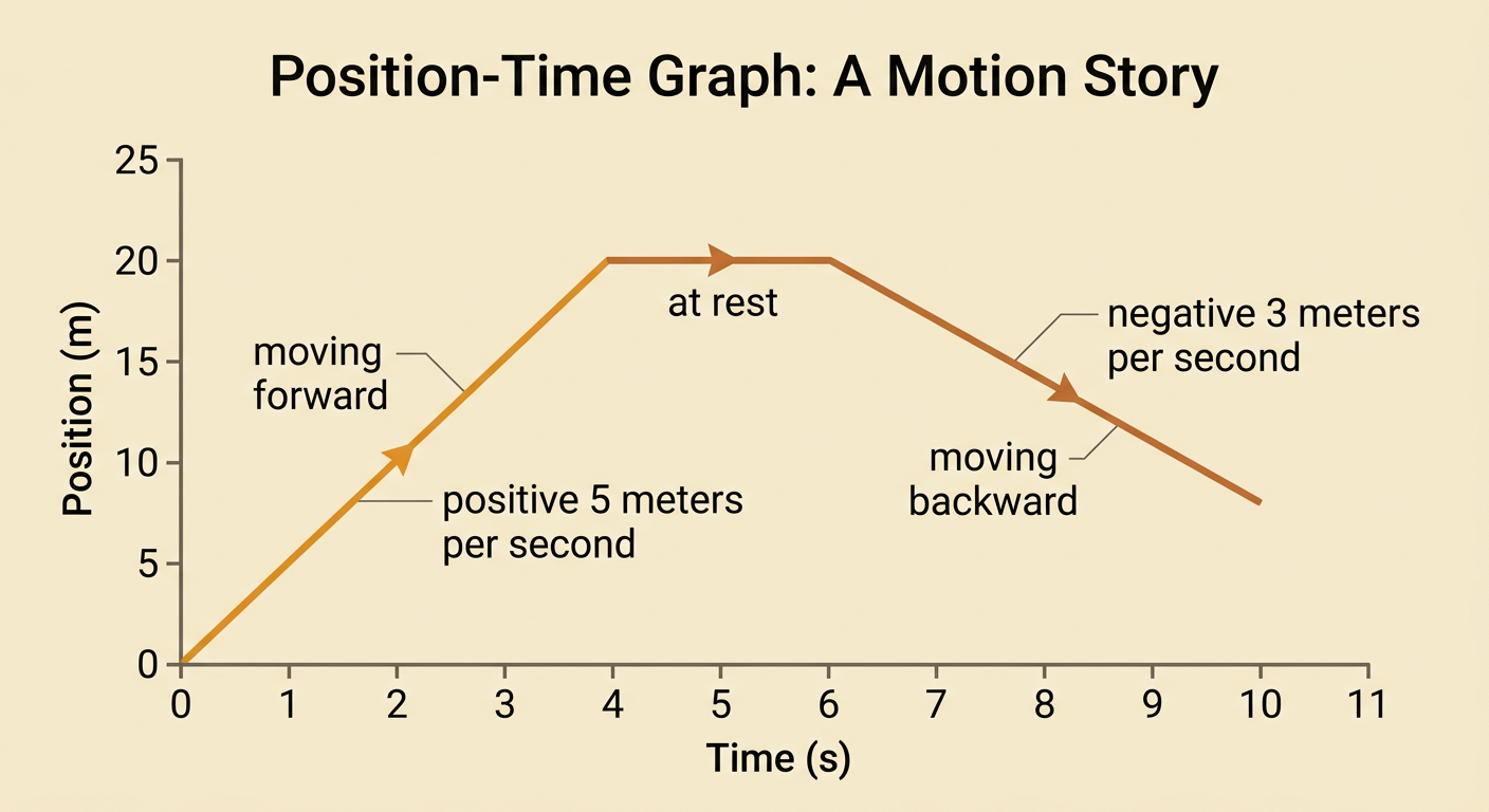 A position-time graph shows a runner moving forward, stopping, and then moving backward at a different slope.