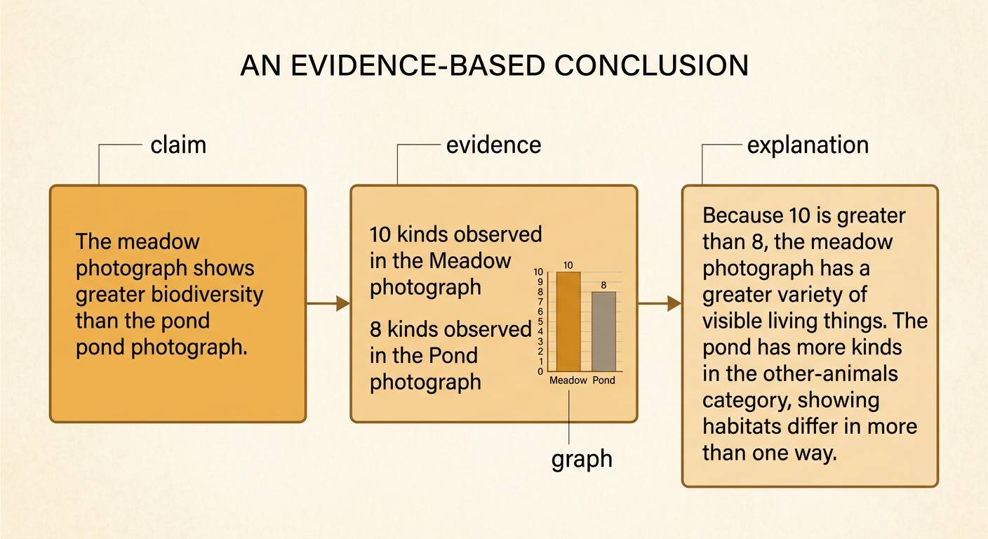 A claim-evidence-explanation organizer sits beside the completed habitat graph with the key totals highlighted.