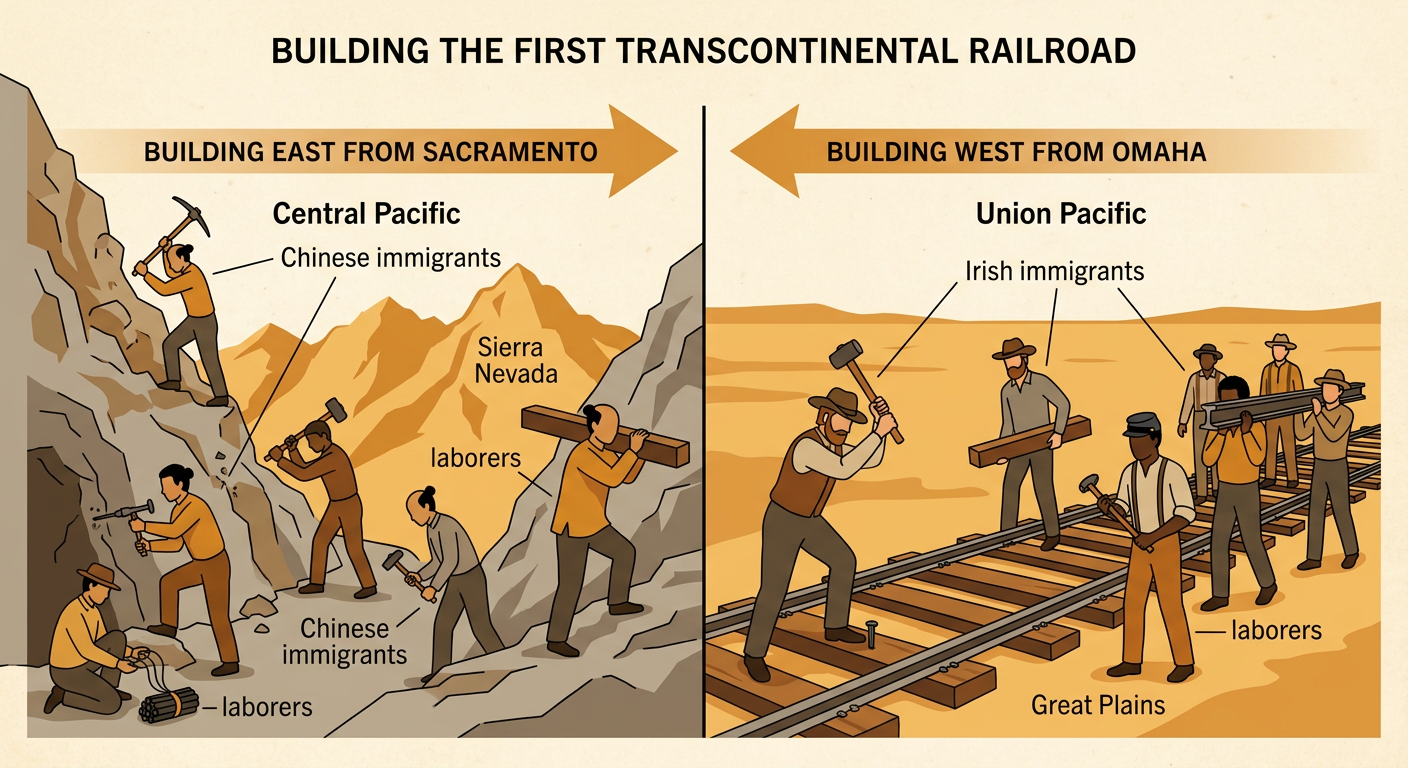 Railroad crews from different backgrounds lay track as the Union Pacific and Central Pacific build toward each other.