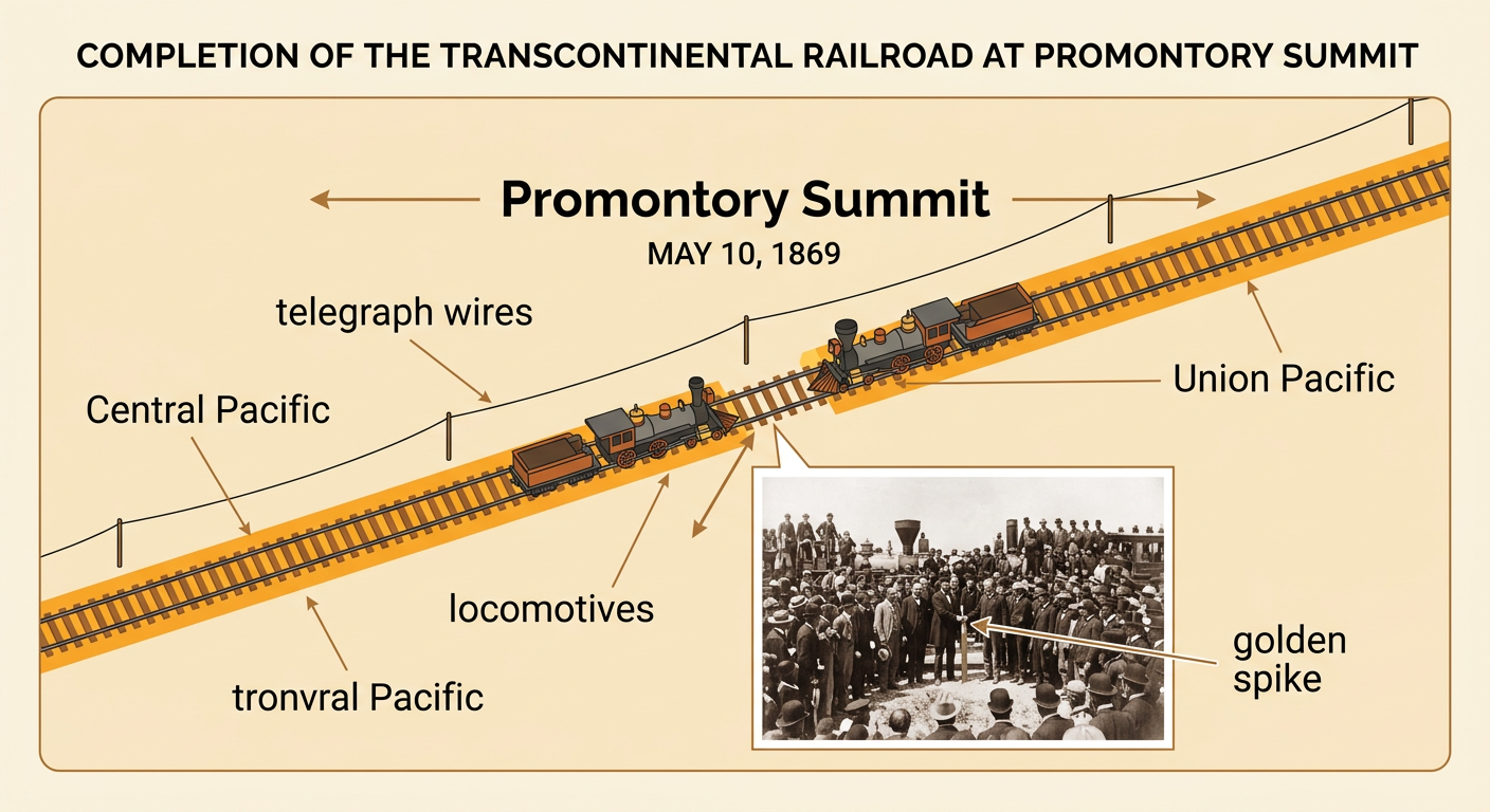The 1869 ceremony at Promontory Summit shows two locomotives meeting beside the golden spike and telegraph wires.
