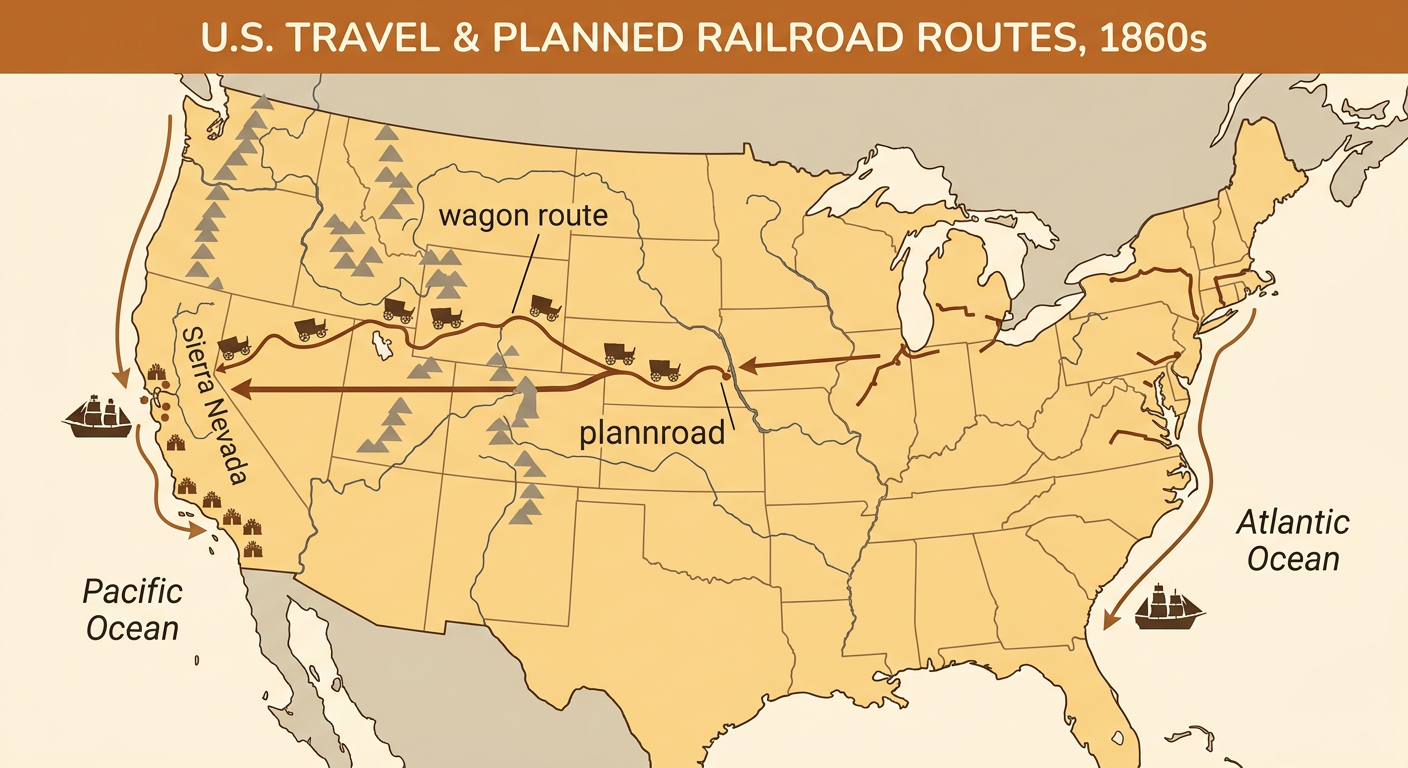 A map of the United States compares a long wagon route with the planned railroad between the two oceans.
