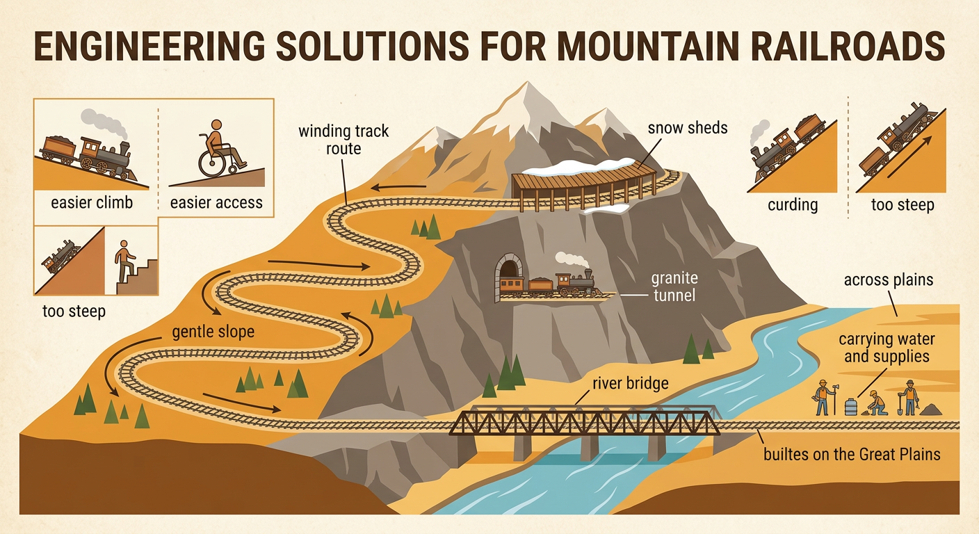 An engineering diagram shows a winding railroad with a gentle slope, a granite tunnel, a snow shed, and a river bridge.