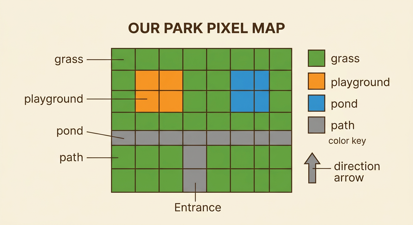 A completed 6-by-6 park pixel map includes colored features, a title, a key, and a north arrow.