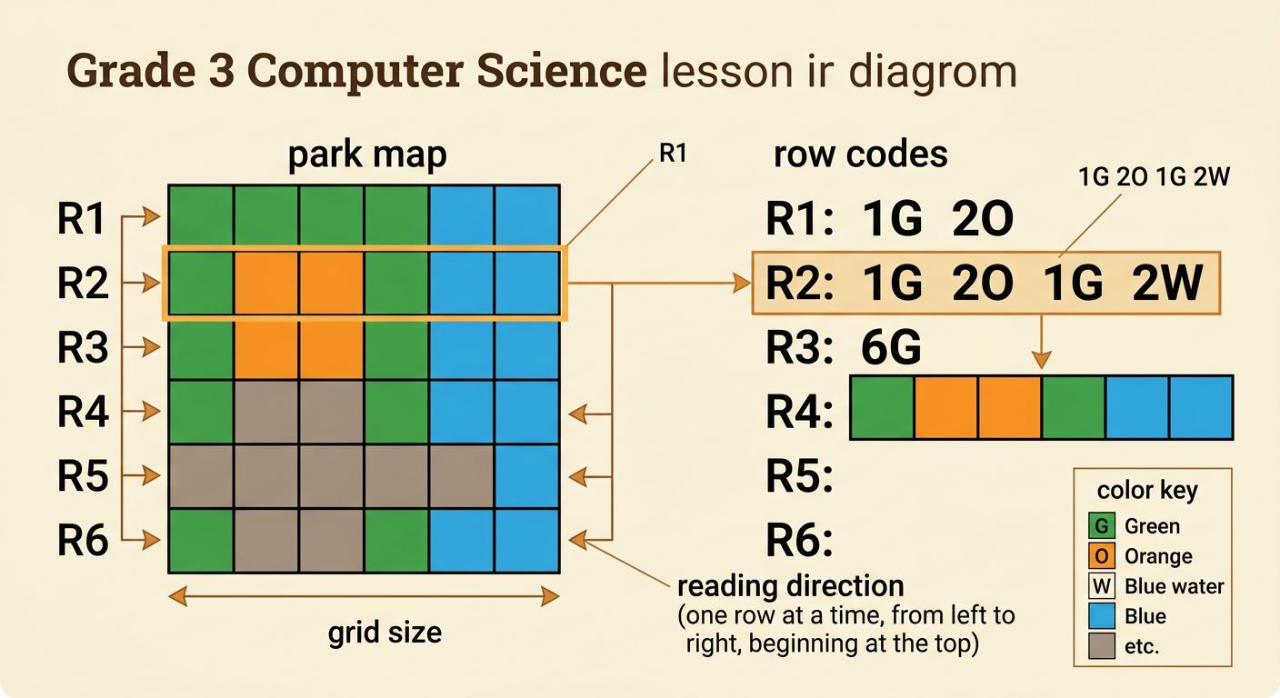 One park-map row is shown changing into a short sequence of numbered color codes.