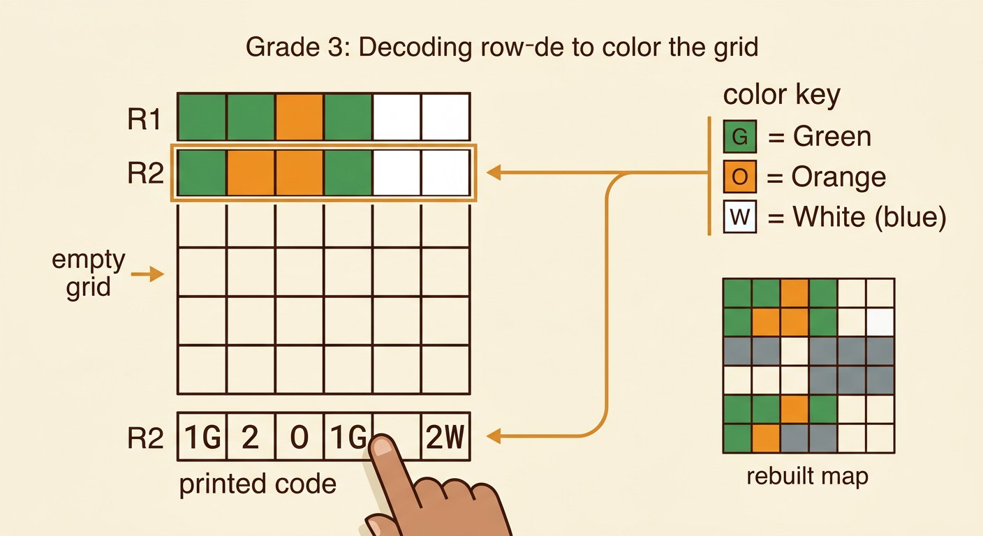 A coded row and color key guide the coloring of an empty 6-by-6 grid.