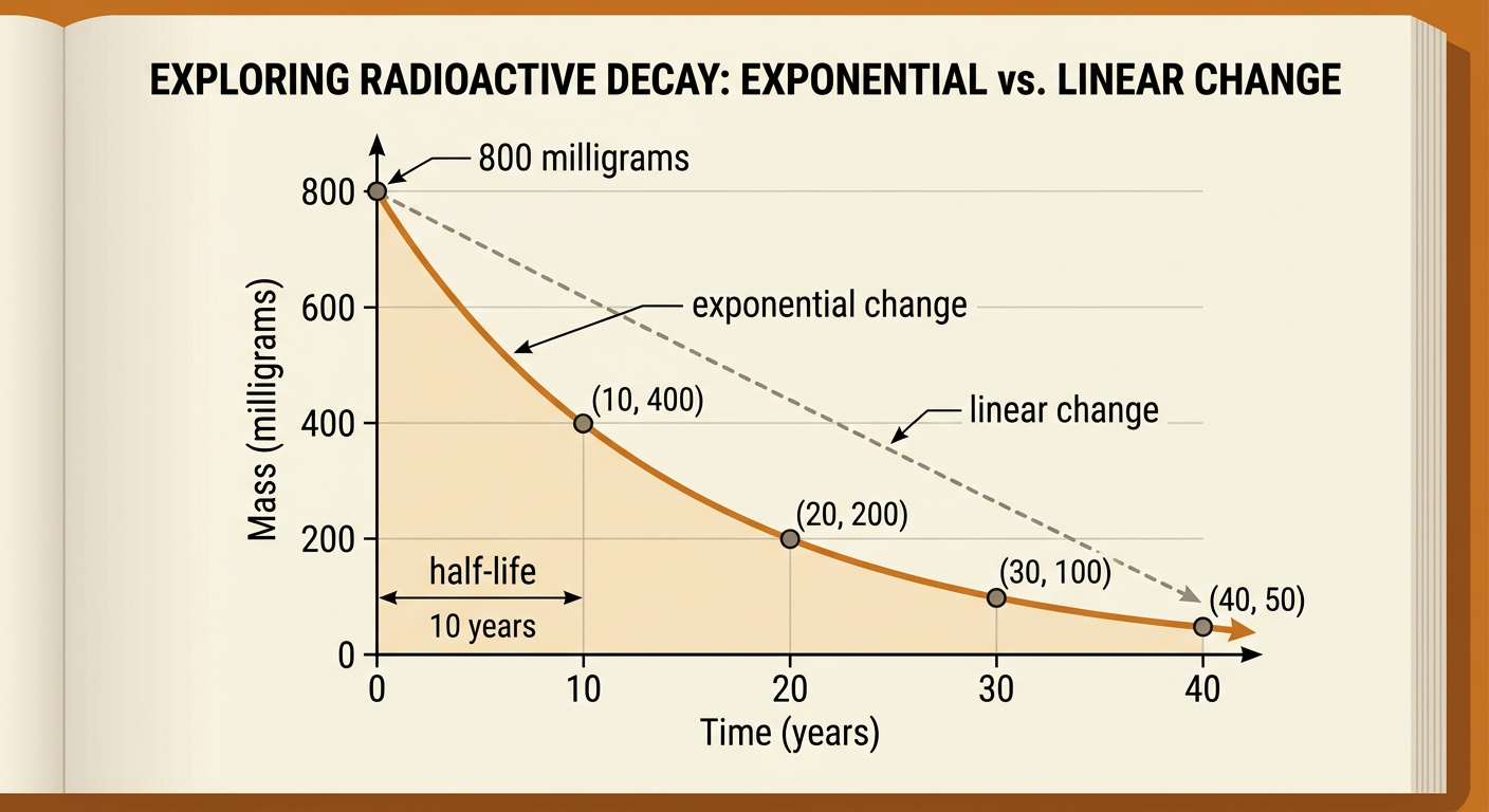 A graph contrasts a straight linear decrease with a curved exponential decay from an 800-milligram sample.
