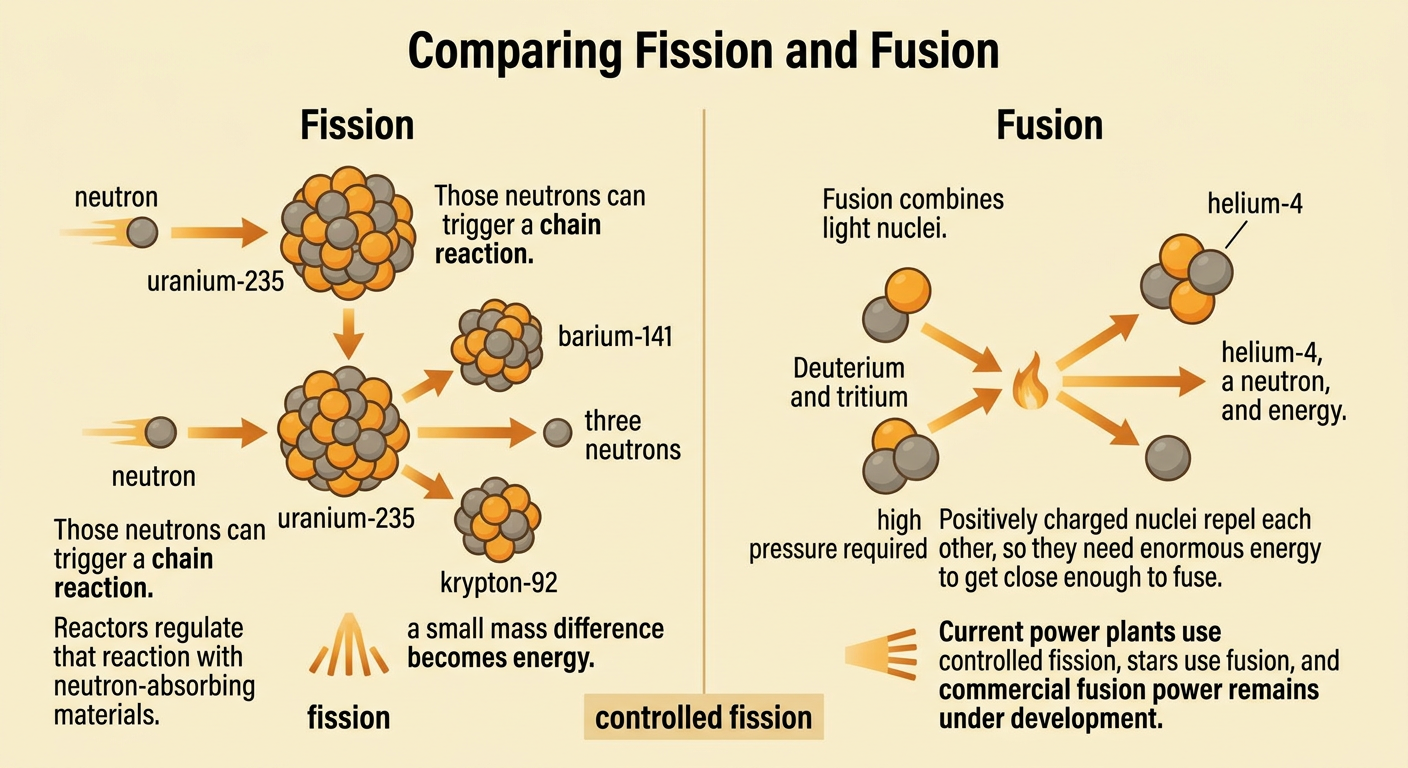 A side-by-side nuclear diagram shows uranium splitting by fission and hydrogen isotopes joining by fusion.