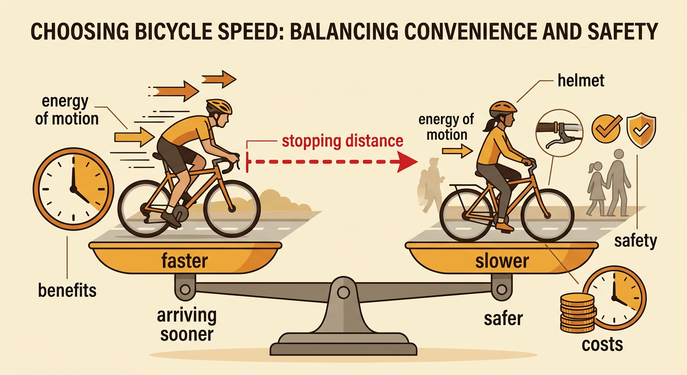 A bicycle rider slows near pedestrians while wearing a helmet, with short and long stopping distances compared.