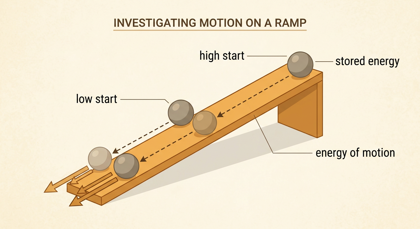 One ramp shows the same ball at a low starting point and a high starting point above the bottom.