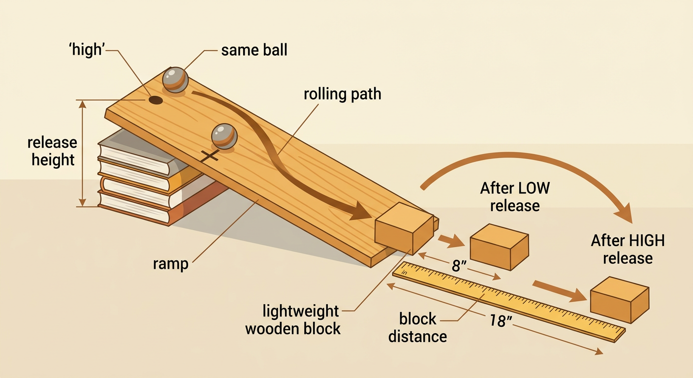 A safe rolling-ball test shows a board ramp, two release heights, and a block whose movement is measured.