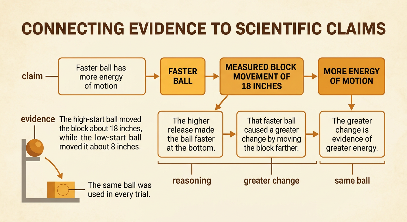 A claim-evidence-reasoning diagram connects the faster high-start ball to greater block movement and greater energy.