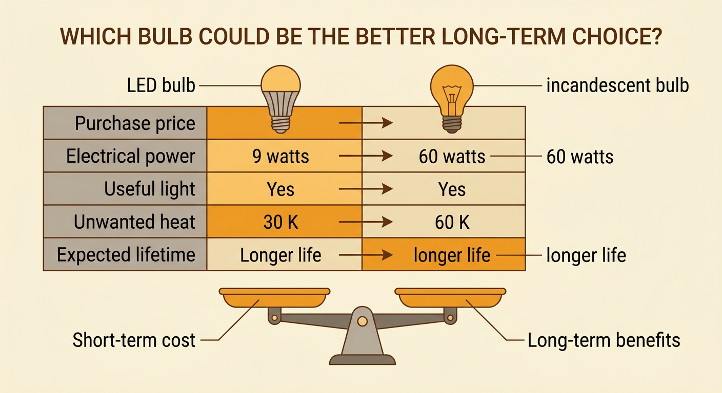 A side-by-side bulb comparison shows power use, purchase price, heat output, and expected life.