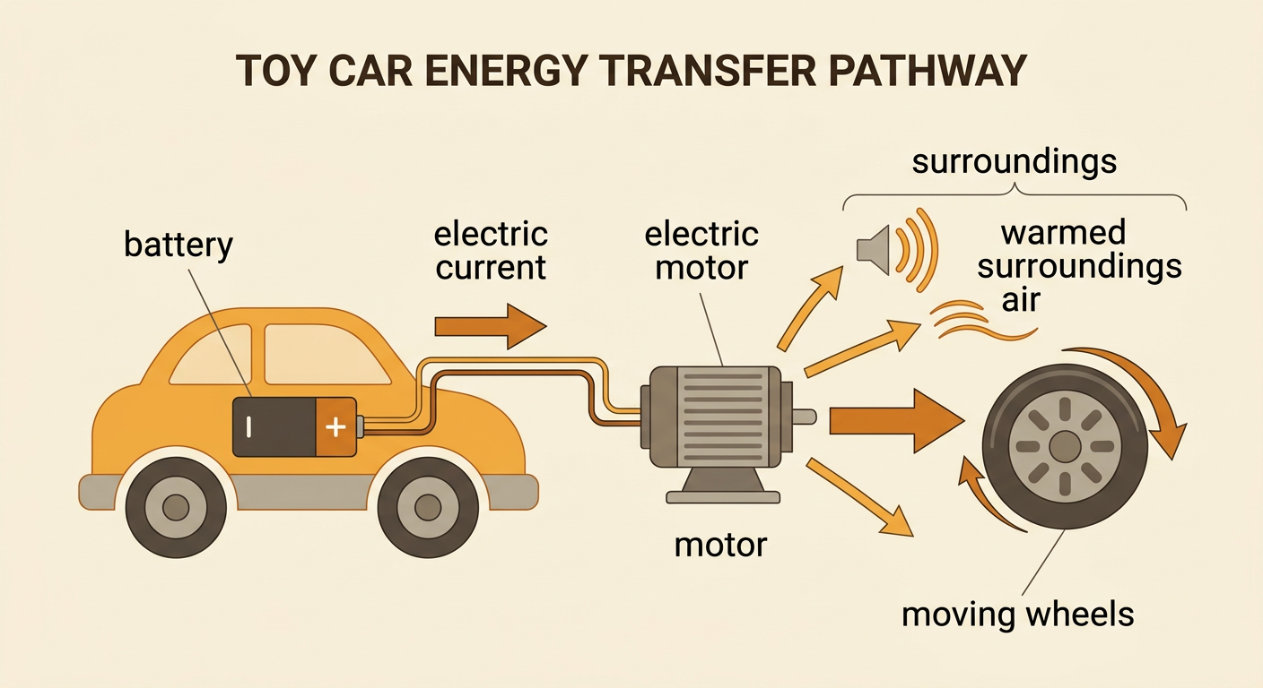 A toy car diagram uses arrows to trace energy from its battery through the circuit to the wheels and surroundings.