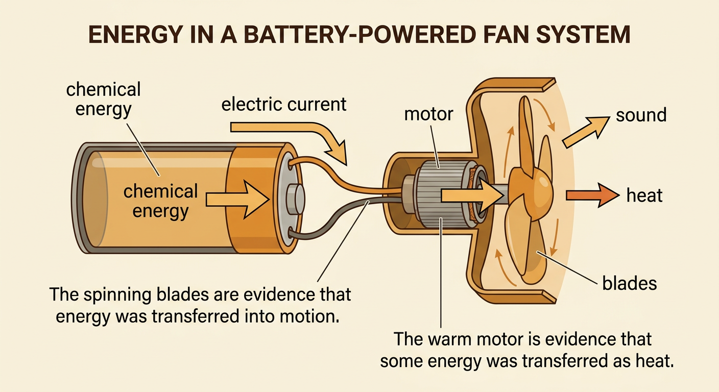 A labeled battery-powered fan model uses arrows to connect stored energy, electrical transfer, motion, sound, and heat.