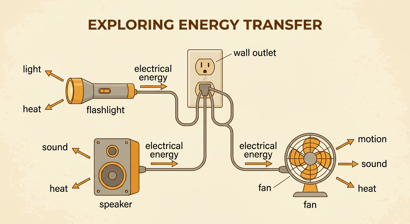 A flashlight, speaker, and fan receive electrical energy and release light, sound, motion, and heat.