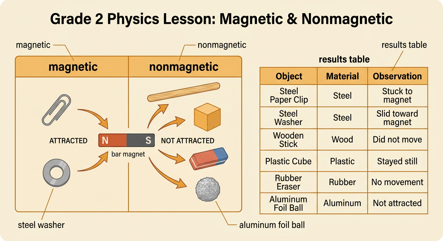 A results chart sorts the tested objects into magnetic and nonmagnetic groups beside a simple observation table.