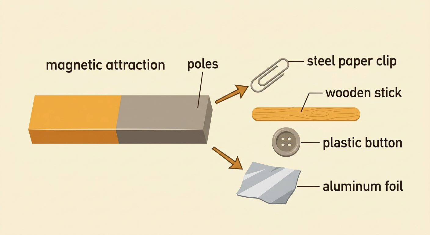 A bar magnet pulls a steel paper clip toward one pole while a wooden stick and aluminum foil stay still.