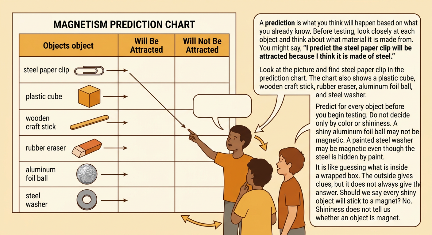 A prediction chart shows six classroom objects with empty spaces for attracted or not attracted guesses.