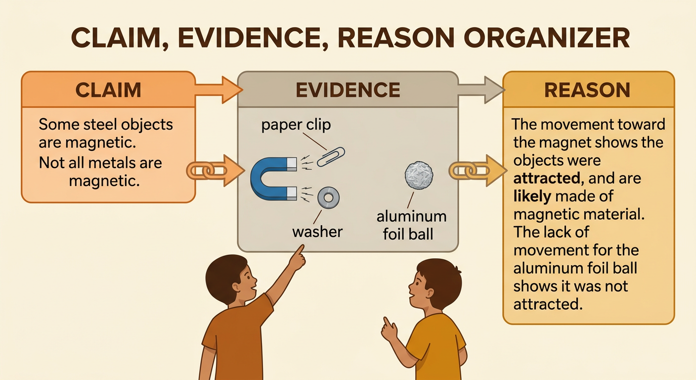 A three-link chain connects a claim about steel objects to evidence from the paper clip and washer and a reason about their movement.