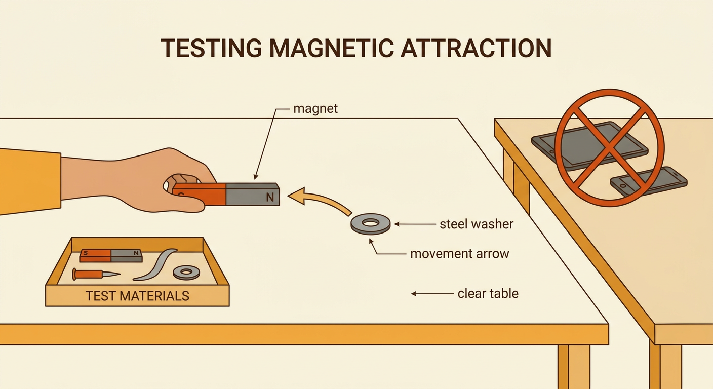 A hand slowly brings a magnet toward a steel washer on a clear table, and an arrow shows the washer moving safely toward it.