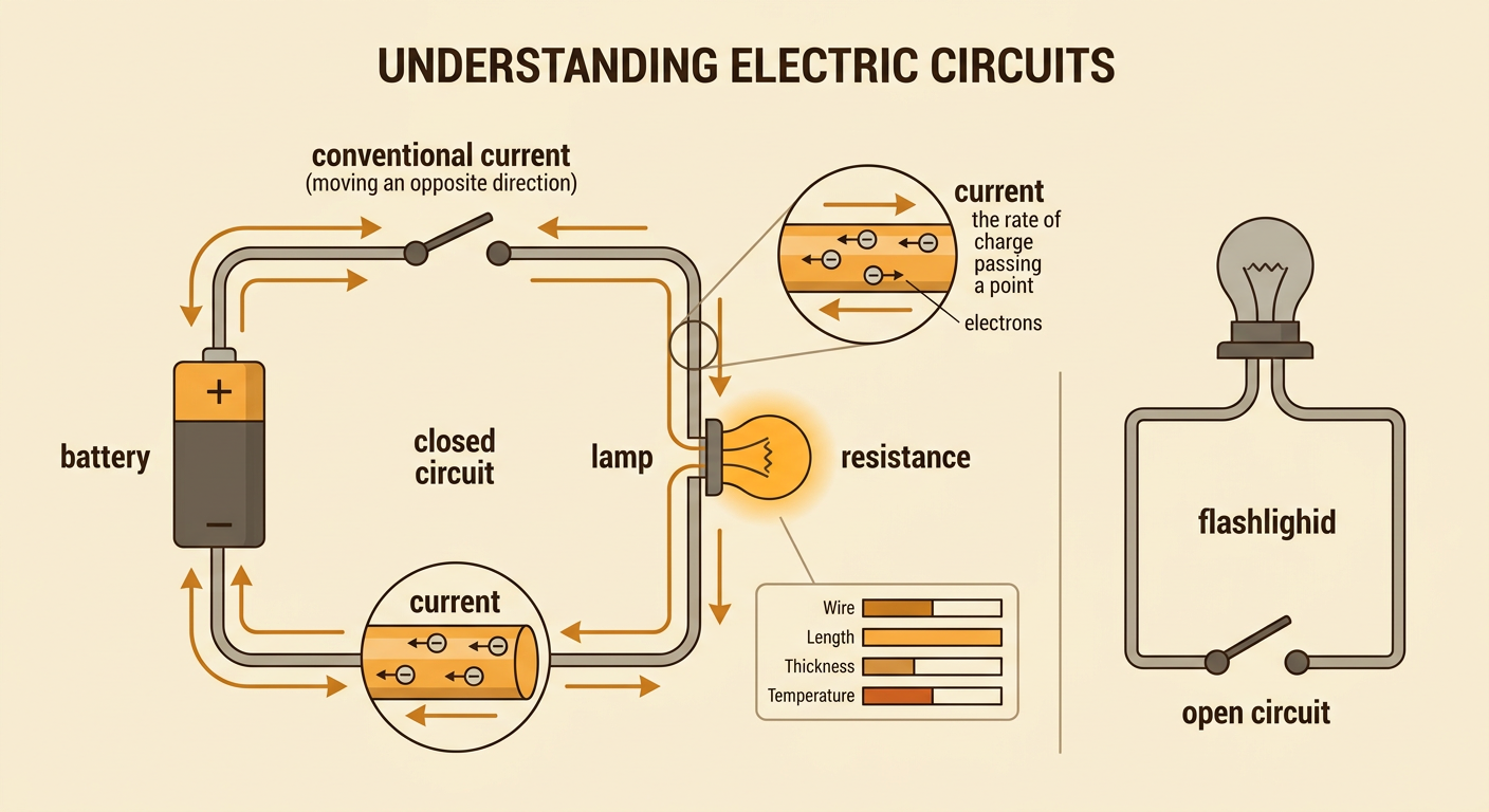 A flashlight circuit shows a battery driving conventional current through a lamp in a closed path.