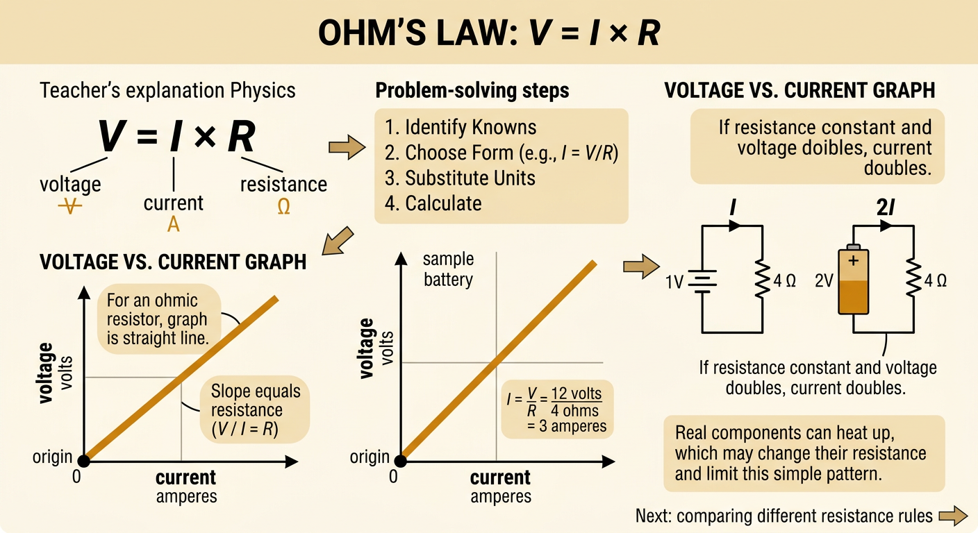 A straight voltage-versus-current graph shows resistance as the constant slope through the origin.