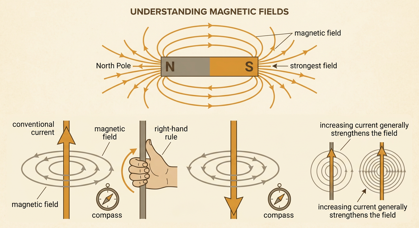 A current-carrying straight wire is surrounded by circular magnetic field lines and deflects a nearby compass.