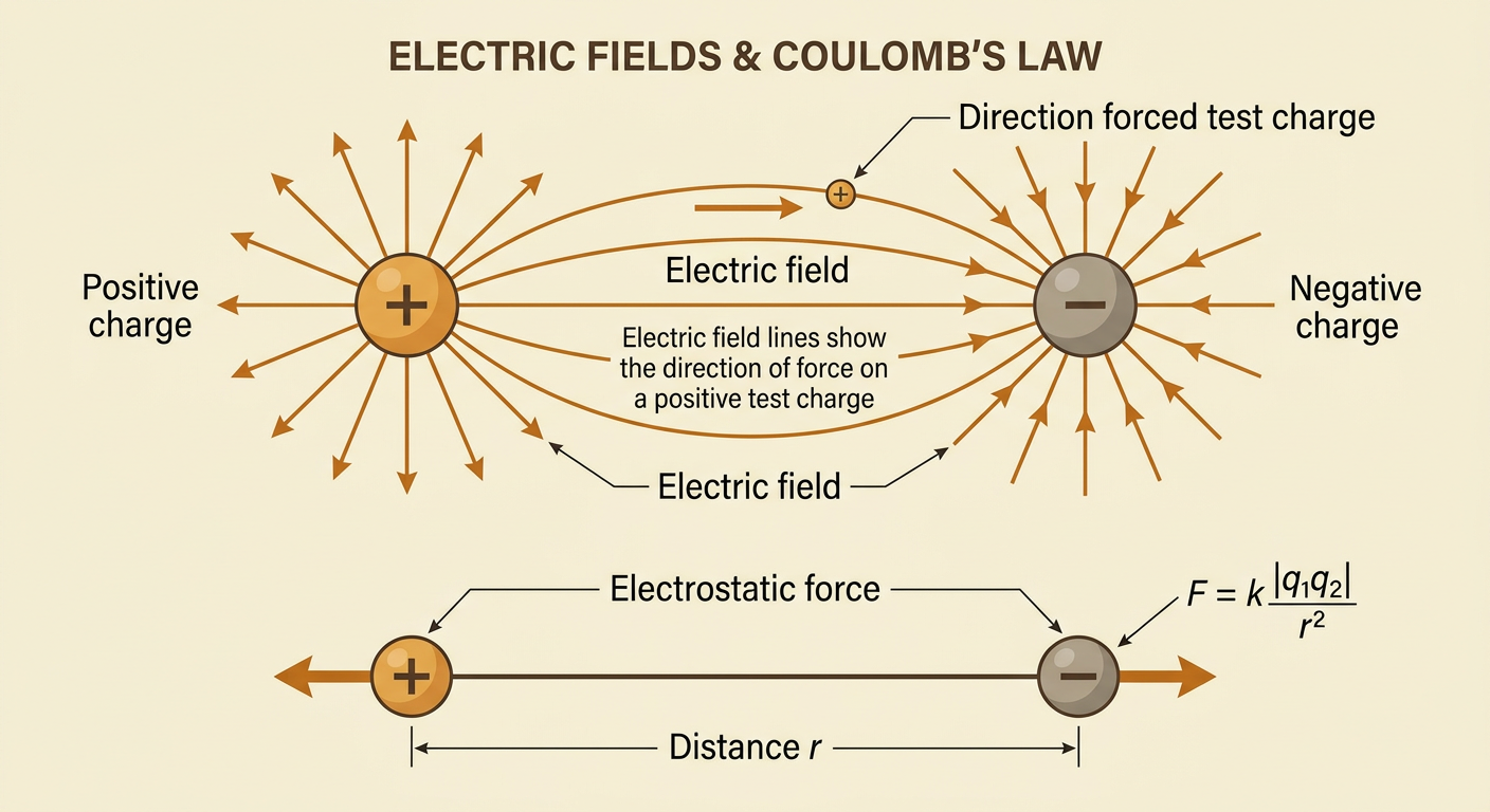 Electric field lines show the direction of force on a positive test charge, while Coulomb’s law relates force to charge and distance.