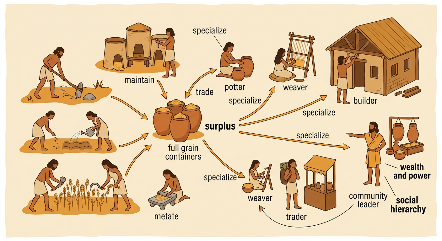 Farmers exchange surplus grain for a potter's storage jars while villagers perform different specialized jobs.
