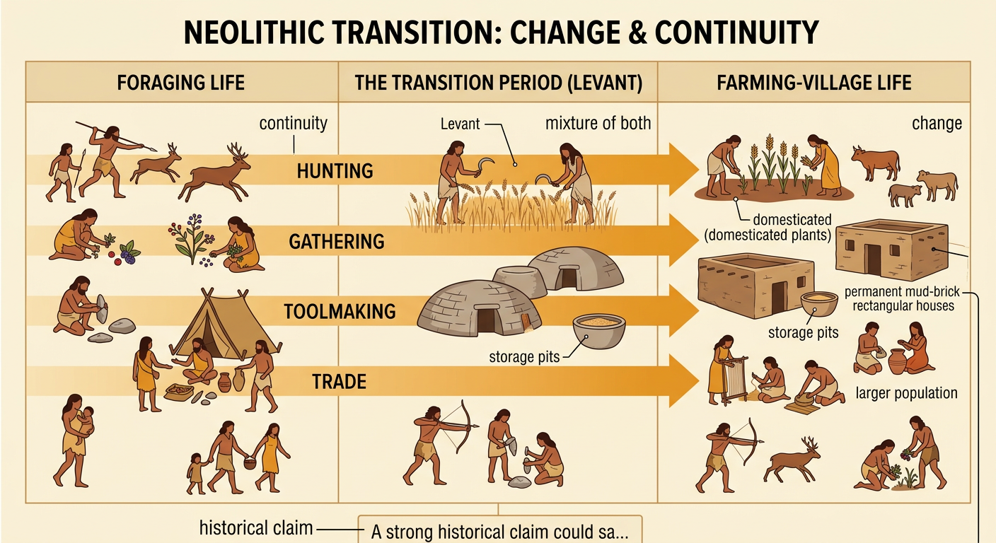 A comparison shows farming and permanent homes alongside continued hunting and gathering in the Levant.