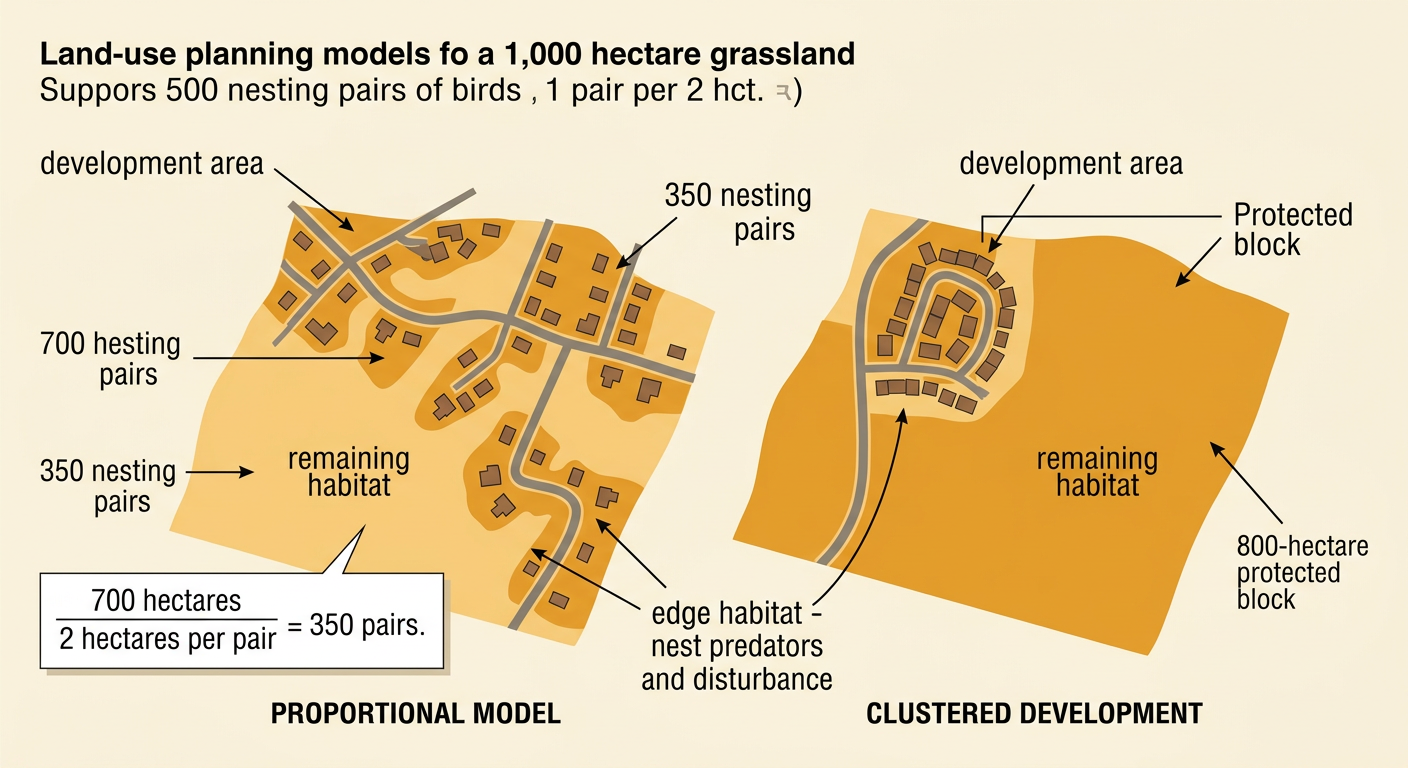 An aerial land-use diagram shows grassland reduced by housing and roads, alongside a protected continuous habitat block.