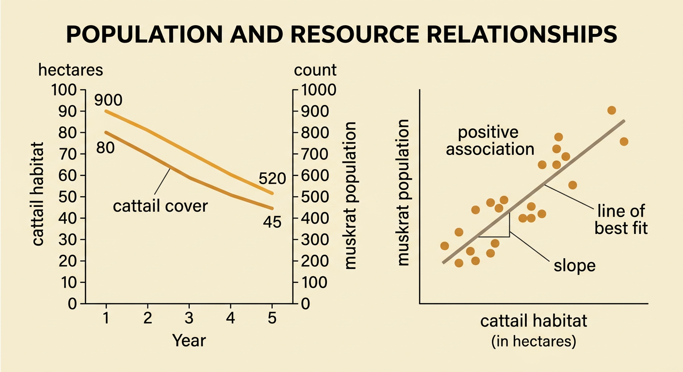 A scatterplot shows muskrat population increasing with cattail habitat, with five data points and an upward line of best fit.