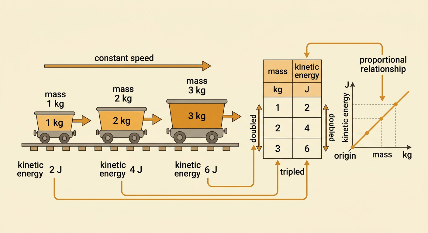 Three carts of increasing mass move at the same speed beside a table and a straight-line energy graph.