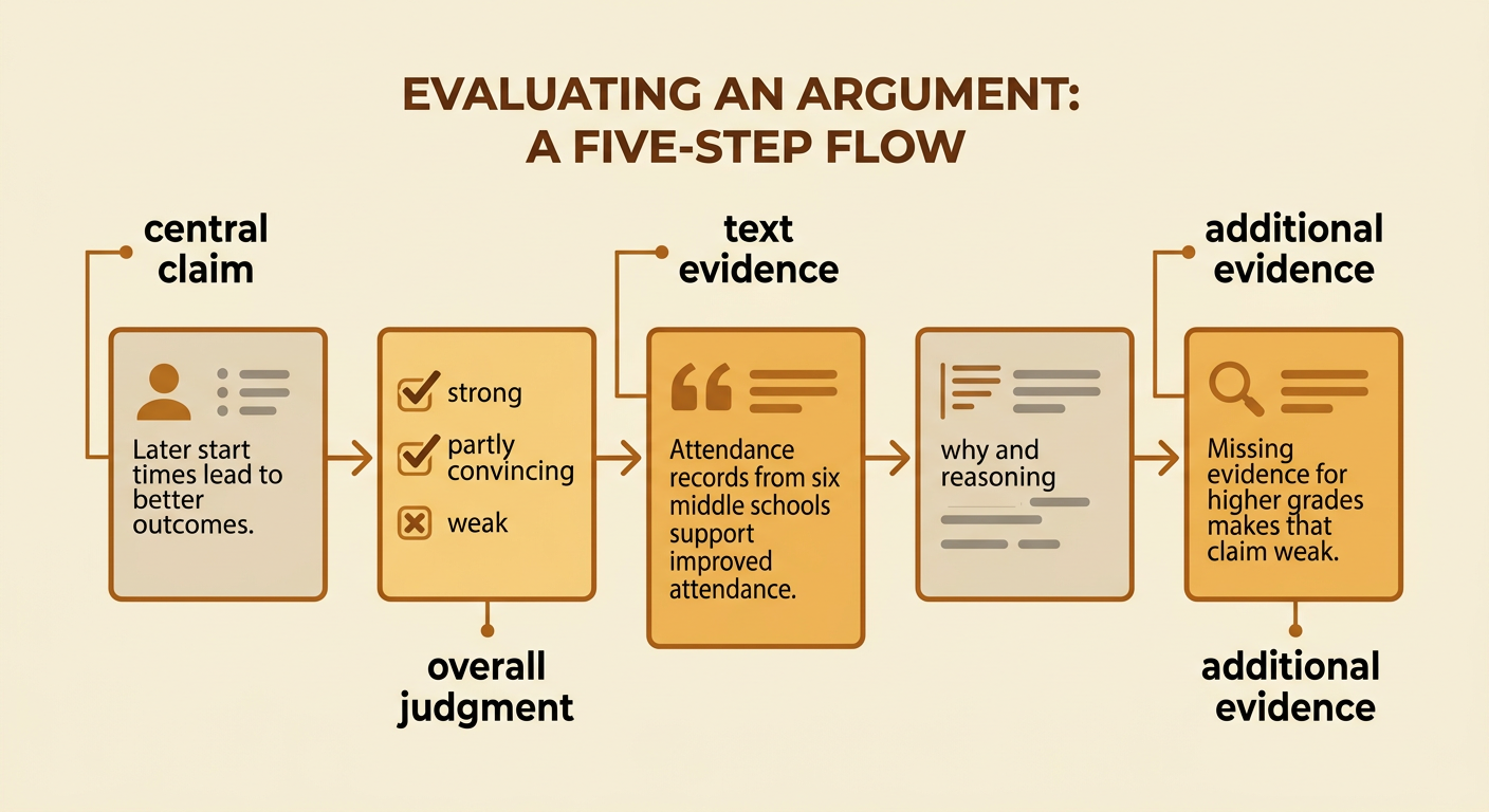 A response organizer shows the four main elements of a fair written evaluation of a school start-time argument.