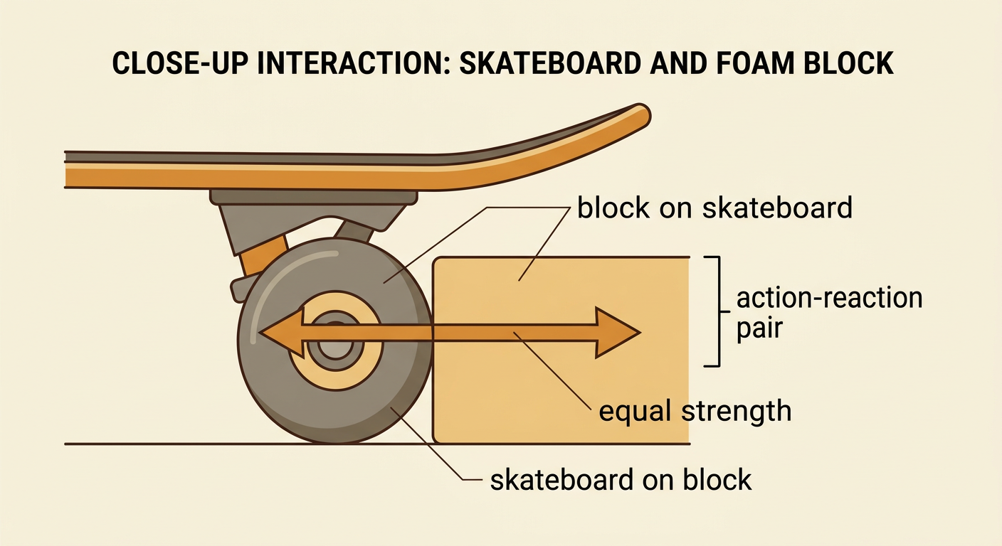 A skateboard and foam block touch while equal arrows point forward on the block and backward on the skateboard.