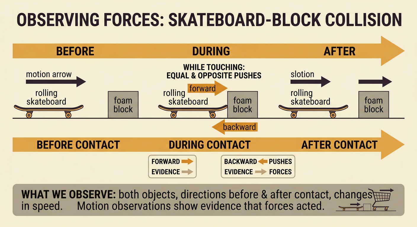 A rolling skateboard contacts a foam block, with motion arrows showing the block moving forward and the skateboard slowing.
