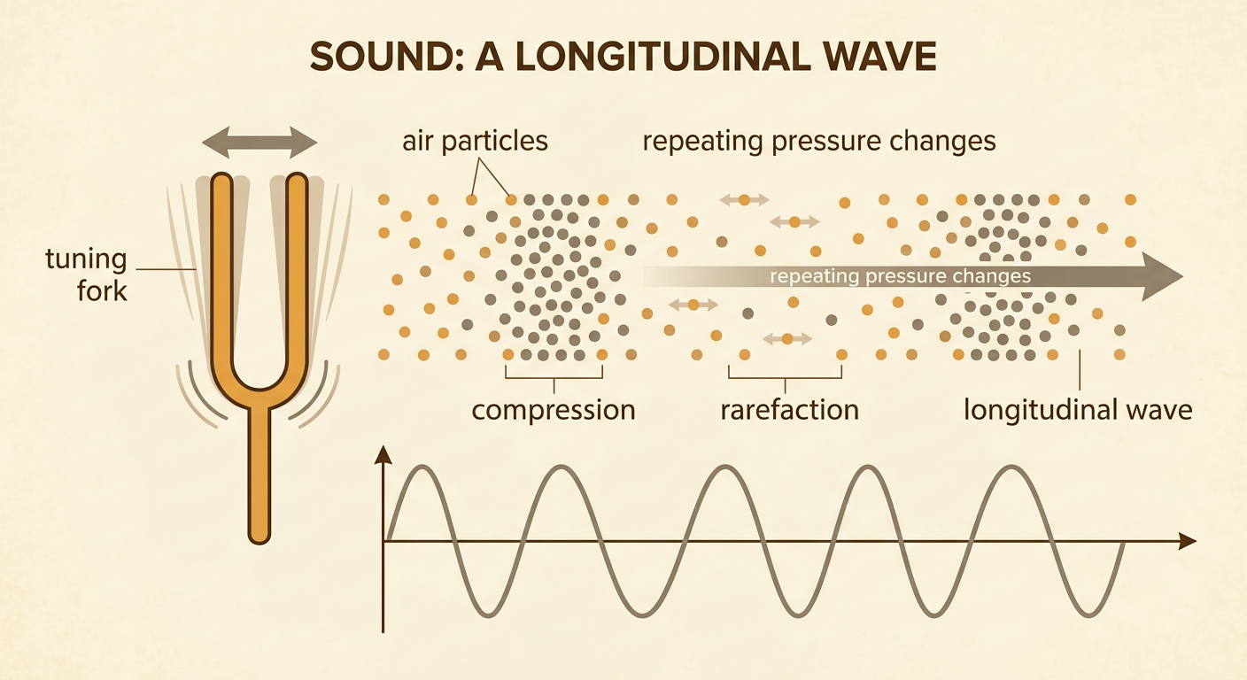 A labeled tuning fork diagram shows nearby air particles forming alternating crowded and spread-out regions as a longitudinal wave moves outward.