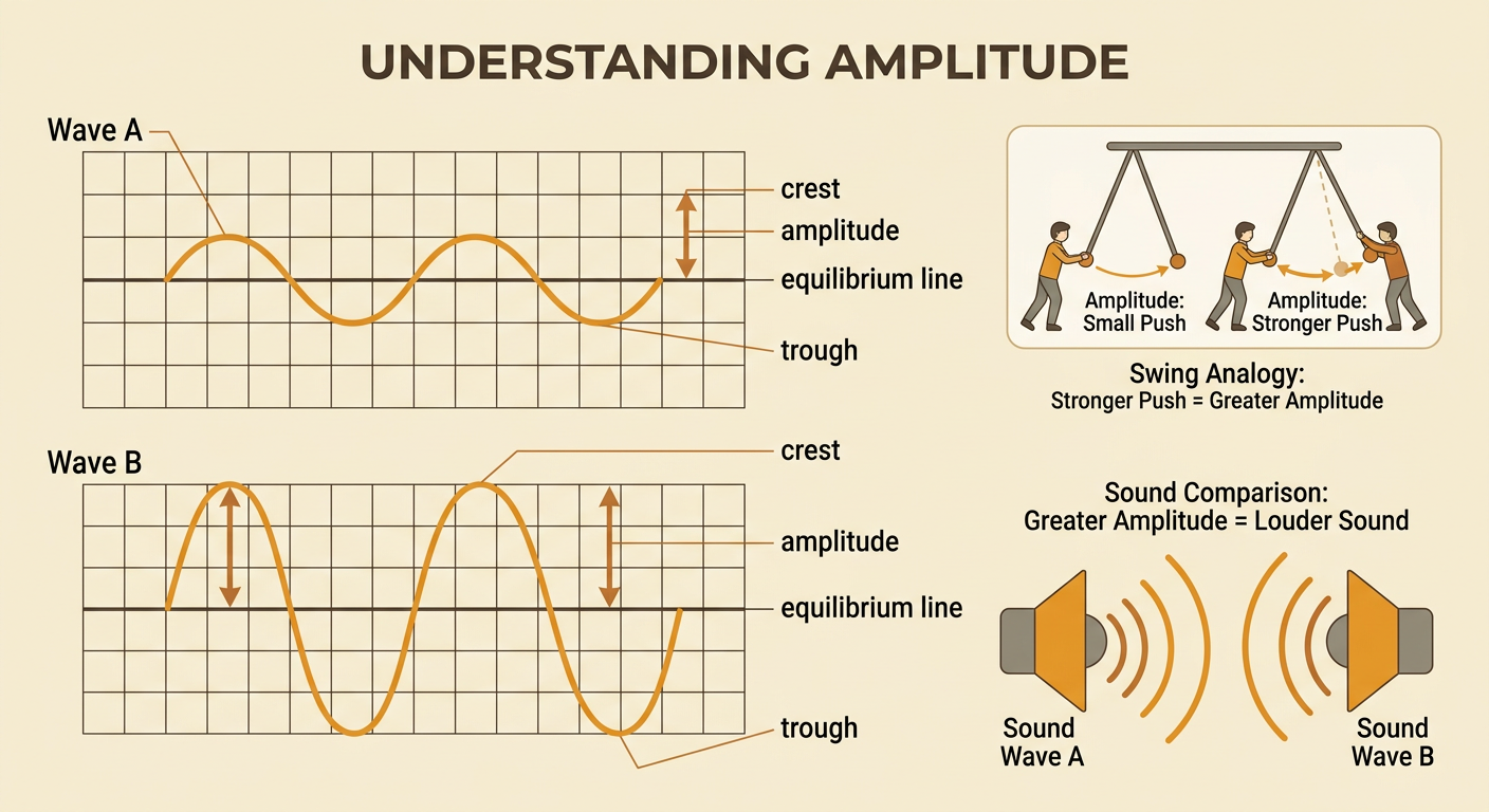 A waveform graph compares Wave A and Wave B using vertical measurements from the equilibrium line to their crests.