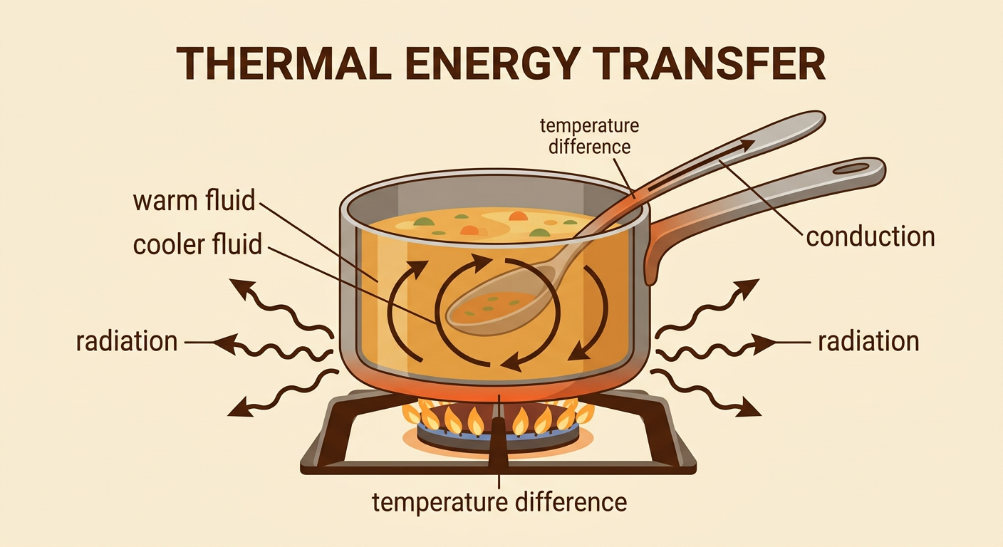 A three-part diagram shows a spoon in soup, circulating fluid, and sunlight reaching Earth as examples of thermal energy transfer.