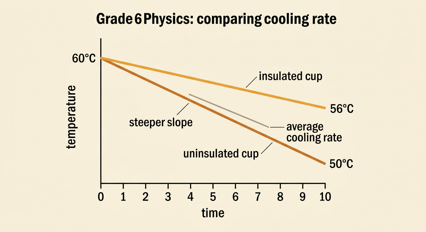 A temperature-versus-time graph compares the steep cooling line of an uninsulated cup with the gentler line of an insulated cup.