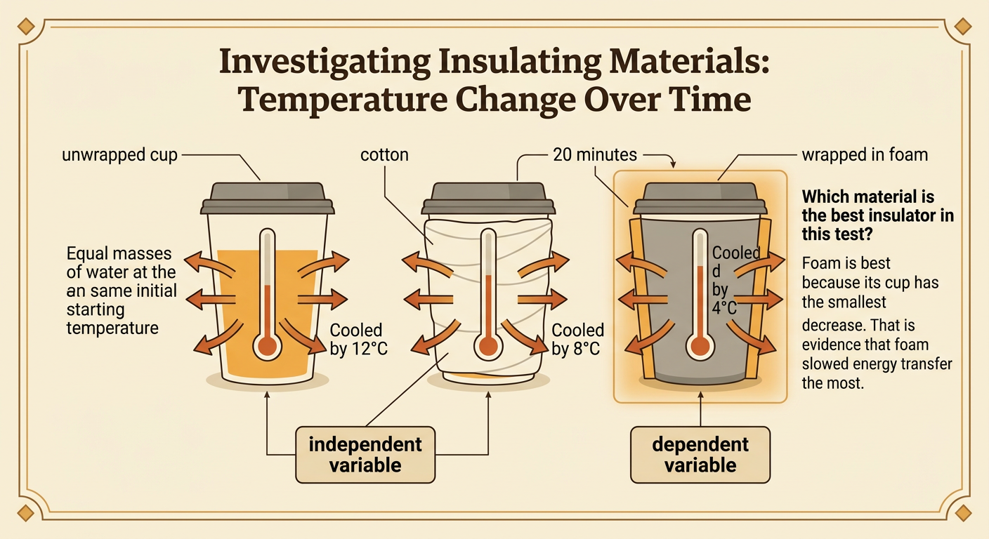 Three identical cups show equal starting conditions and cooling results for no wrapping, cotton, and foam after 20 minutes.